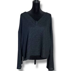 M//C Black Women's Thin Knit Long Bell Sleeve Open Back V-Neck Boho Sweater
